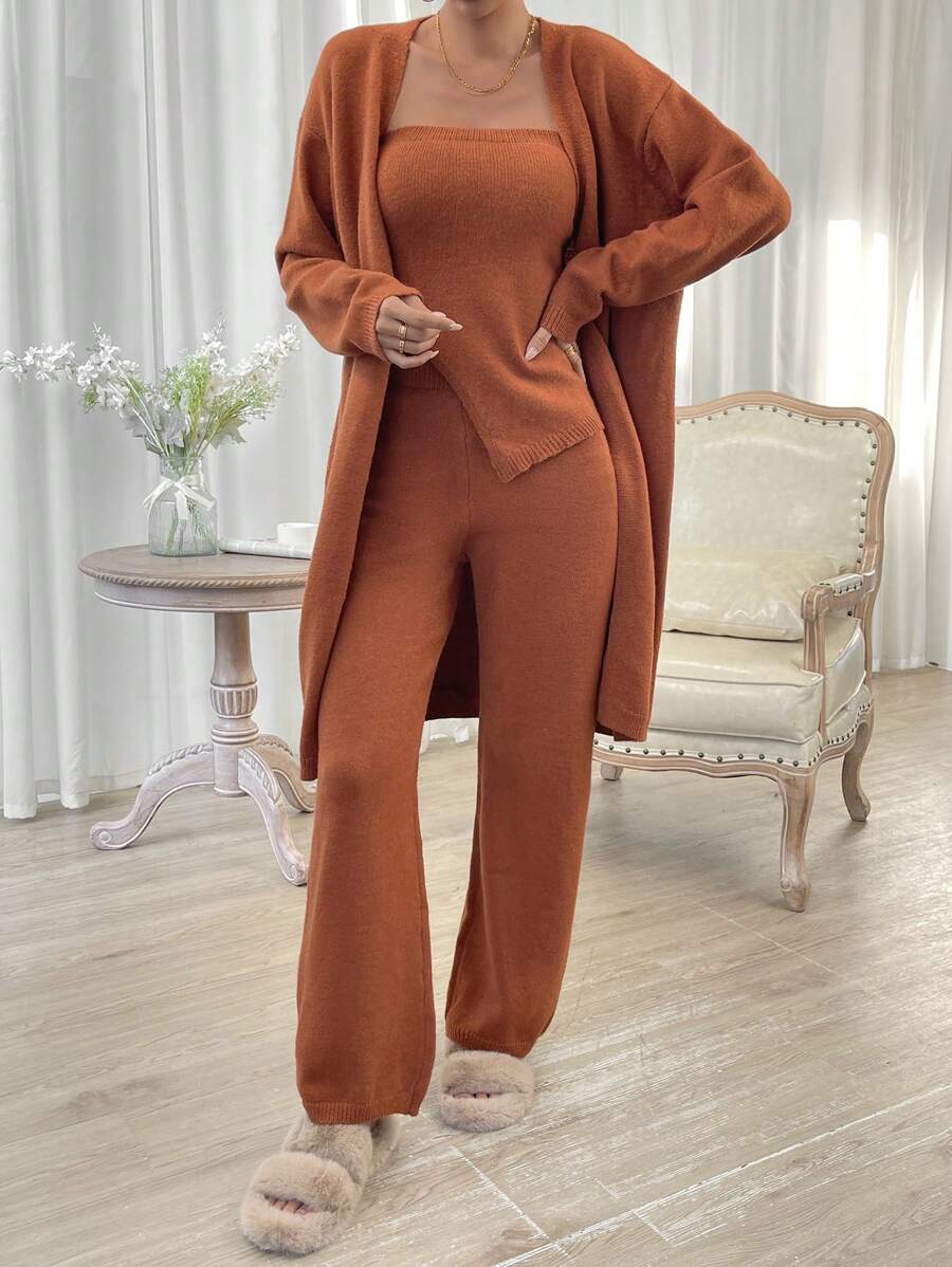 Chiquease Solid Tube Knit Top & Knit Pants & Drop Shoulder Cardigan - Coffee Brown - View 1