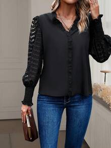 SHEIN LUNE Contrast Lace Lantern Sleeve Frill Trim Blouse - Black - View 6