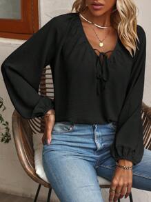 SHEIN LUNE Solid Lantern Sleeve Blouse Fall Cloth For Women - Black - View 6