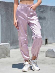 Eilly Bazar Flap Pocket Side Drawstring Hem Satin Cargo Pants - Lilac Purple - View 5