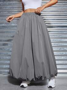 SHEIN EZwear Solid Elastic Waist Skirt - Grey - View 6