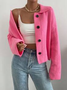 SHEIN LUNE Drop Shoulder Button Front Cardigan - Pink - View 4