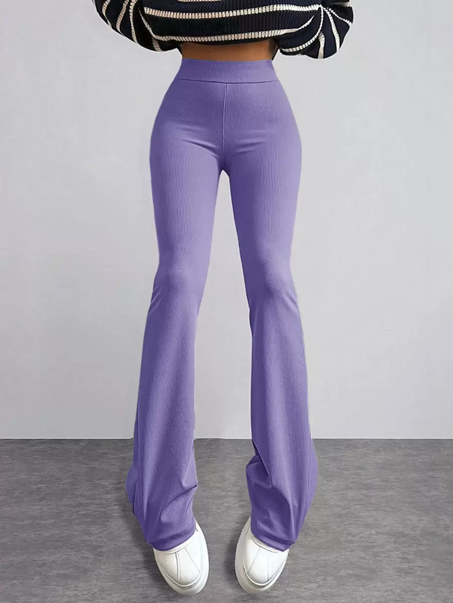 EURMUSE Solid Flare Leg Pants - Violet Purple - View 1