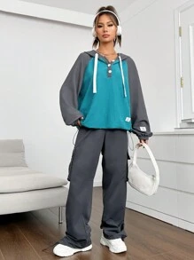 SHEIN EZwear Khối màu Tay Raglan Dây rút Hoodie - Nhiều màu - Xem 3