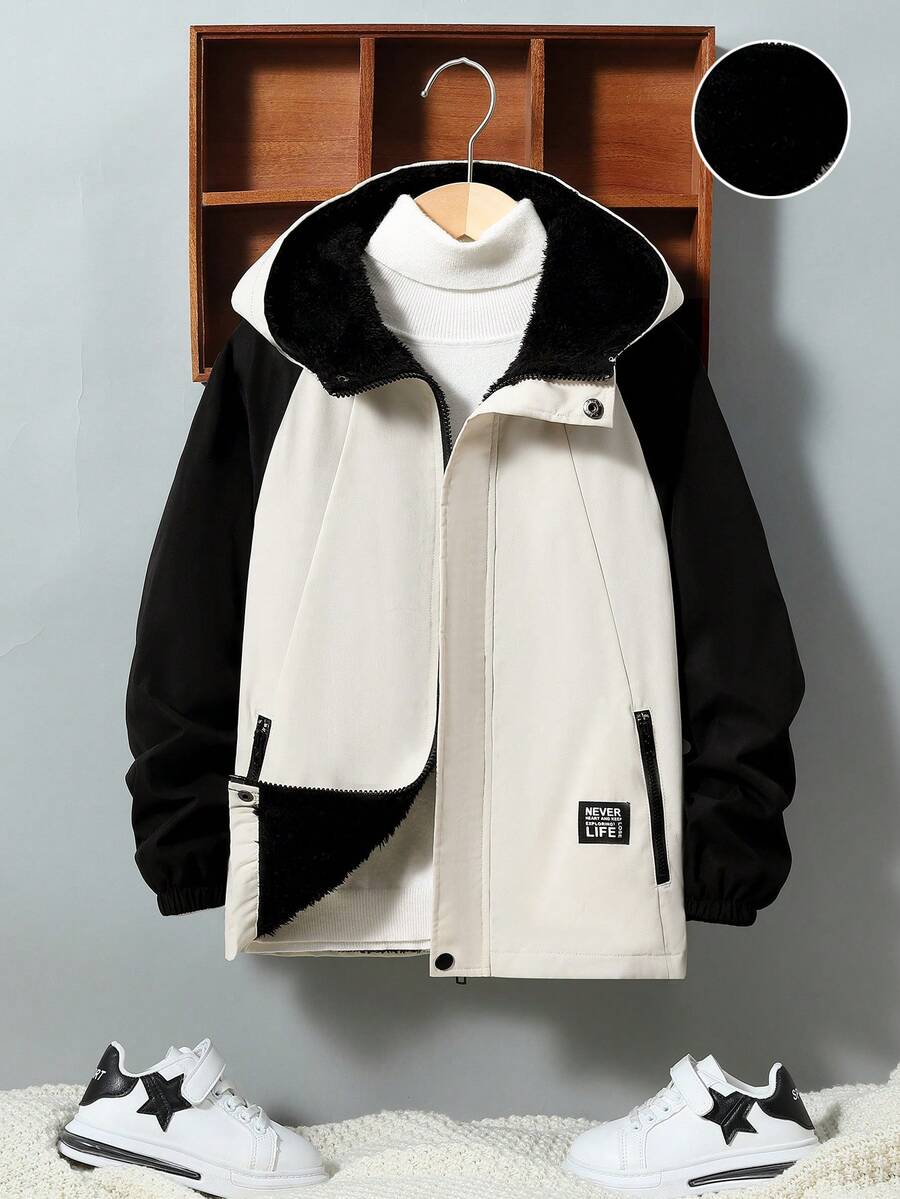 SHEIN Cậu bé Tween 1 Miếng Chi tiết Patched thư Lót nhiệt Áo trùm đầu - Nhiều màu - Xem 1