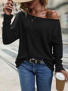 SHEIN LUNE Camiseta de hombros caídos unicolor - Negro - Ver 5