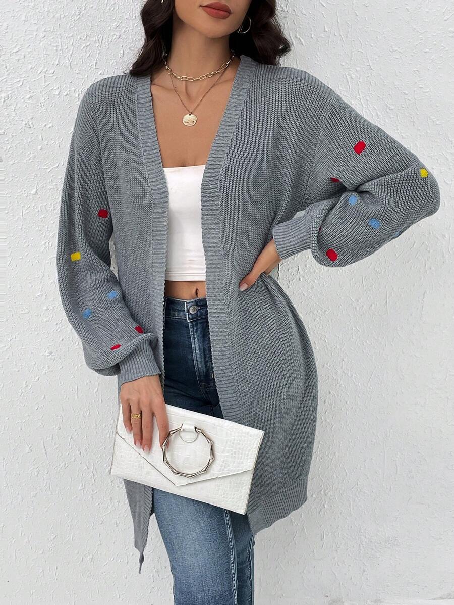 SHEIN LUNE Geo Embroidery Drop Shoulder Duster Cardigan - Grey - View 1