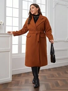 SHEIN Privé Plus Lapel Neck Belted Overcoat - Khaki - View 5