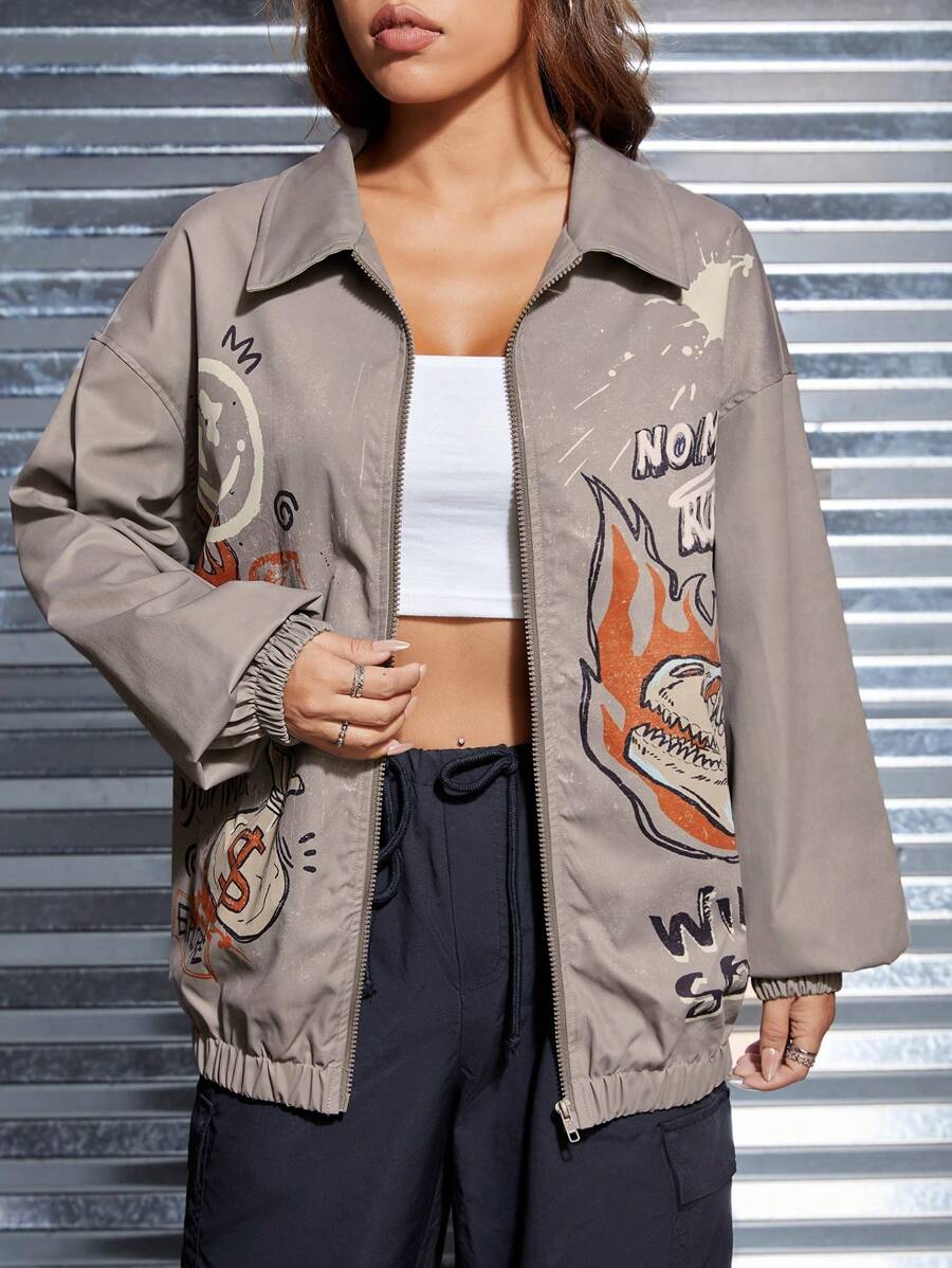 SHEIN EZwear Cartoon & Slogan Graphic Drop Shoulder Zip Up Jacket - Khaki - View 1