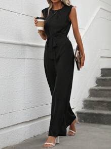 Chiquease Solid Belted Wide Leg Jumpsuit - Black - View 1