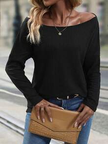 SHEIN LUNE Camiseta de hombros caídos unicolor - Negro - Ver 6