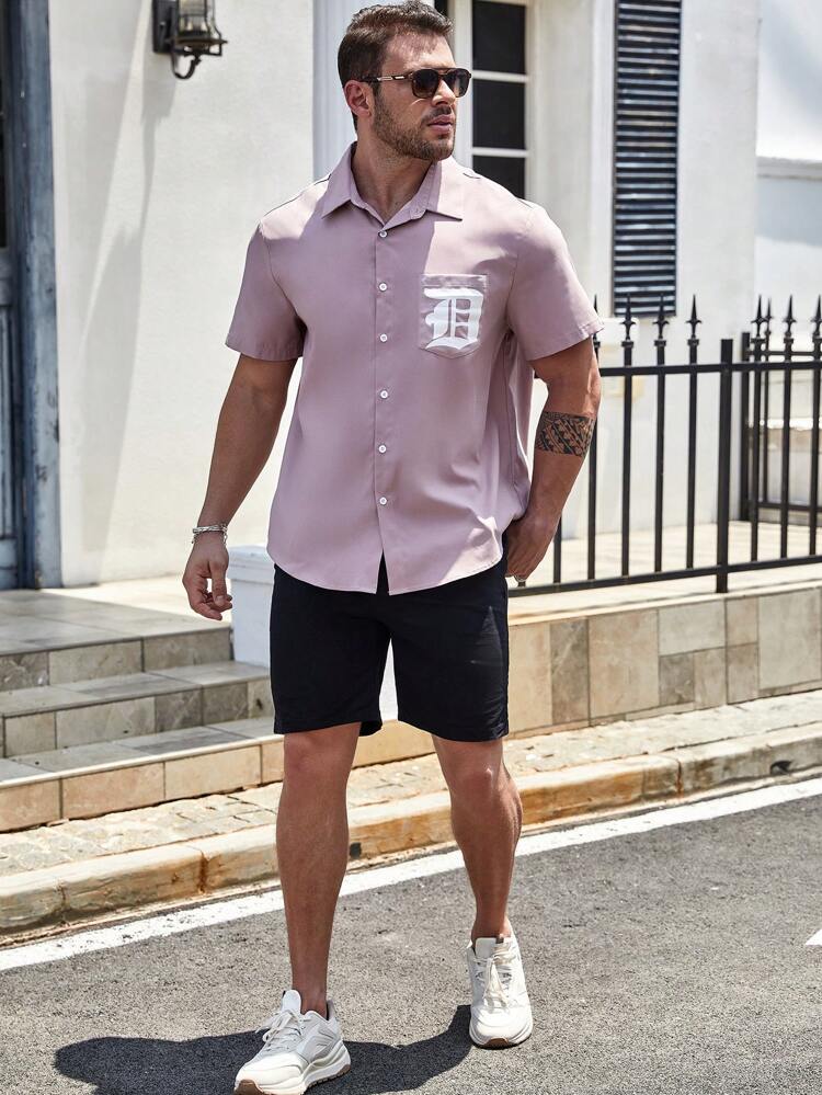 Men Plus Letter Graphic Pocket Patched Shirt