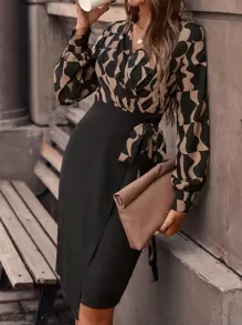 SHEIN Clasi 圖案印花側打結圍裹式連衣裙 - 彩色 - 查看 3