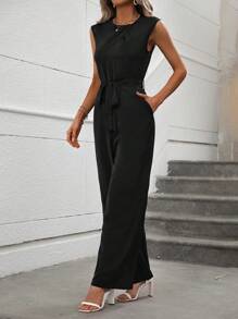 Chiquease Solid Belted Wide Leg Jumpsuit - Black - View 6