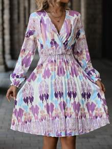 SHEIN LUNE Tie Dye Lantern Sleeve Pleated Hem Dress - Multicolor - View 3
