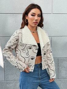 Amy Suther Đồ họa Hình Lót Teddy Dây kéo Áo khoác moto - Màu Khaki - Xem 5