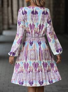 SHEIN LUNE Tie Dye Lantern Sleeve Pleated Hem Dress - Multicolor - View 2