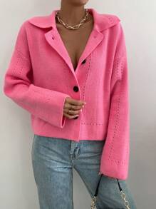 SHEIN LUNE Drop Shoulder Button Front Cardigan - Pink - View 3