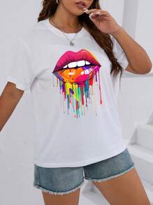 SHEIN EZwear Plus Lip Print Tee - White - View 6