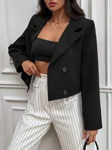 SHEIN PETITE Lapel Neck Double Breasted Blazer - Black - View 5