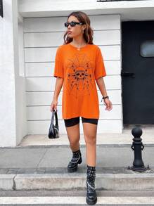 Rengka 艺术家骷髅印花落肩图案 T 恤，适合假期、度假、节日 - 橘色 - 查看 5