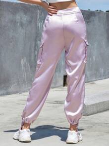 Eilly Bazar Flap Pocket Side Drawstring Hem Satin Cargo Pants - Lilac Purple - View 2
