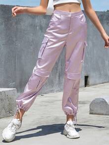 Eilly Bazar Flap Pocket Side Drawstring Hem Satin Cargo Pants - Lilac Purple - View 3