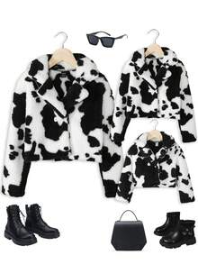 SHEIN Cô gái Tween Hình con bò Cổ áo Flannel Áo khoác - Đen và trắng - Xem 7