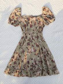 SHEIN VCAY Vestido con estampado floral bajo fruncido de manga farol - Multicolor - Ver 5