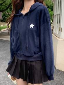 DAZY 星星图案落肩拉链连帽衫 Y2k，秋季服装运动衫夹克 - 藏蓝色 - 查看 6