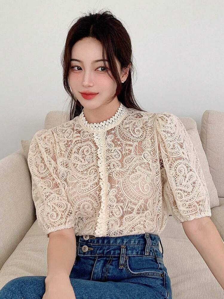 Floral Embroidery Puff Sleeve Lace Blouse