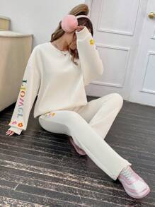 SHEIN EZwear Áo nỉ hở vai họa tiết chữ và quần nỉ - Màu be - Xem 5