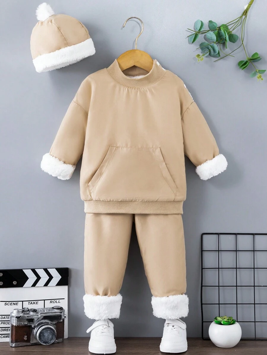 SHEIN 男童 2 件套冬季休闲印花保暖内衬帽子和围巾套装 - 卡其色 - 查看 1