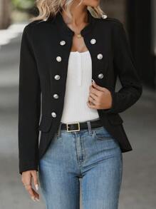 SHEIN Clasi Double Breasted Flap Detail Jacket - Black - View 6