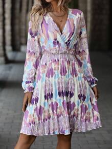 SHEIN LUNE Tie Dye Lantern Sleeve Pleated Hem Dress - Multicolor - View 1