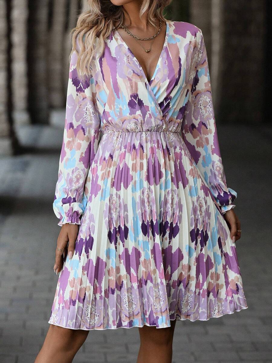 SHEIN LUNE Tie Dye Lantern Sleeve Pleated Hem Dress - Multicolor - View 1