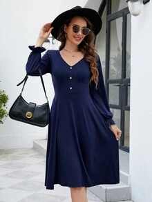 Flare Sleeve Button Detail A-Line Dress - Navy Blue - View 4