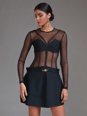 Modphy 網紗拼接拼接褶邊緊身洋裝