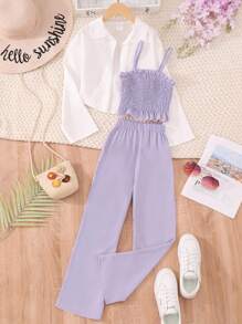 SHEIN Tween Girl Solid Blouse & Wide Leg Pants & Shirred Cami Top - Multicolor - View 1