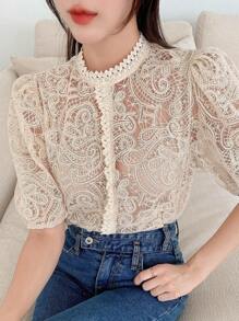 DAZY Bluse mit Blume Stickerei, Puffärmeln, Spitze - Beige - Übersicht 6