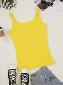 INAWLY Solid Scoop Neck Tank Top - Yellow - View 3