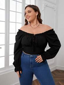 SHEIN Privé Plus Off Shoulder Flare Sleeve Knot Front Crop Blouse - Black - View 1