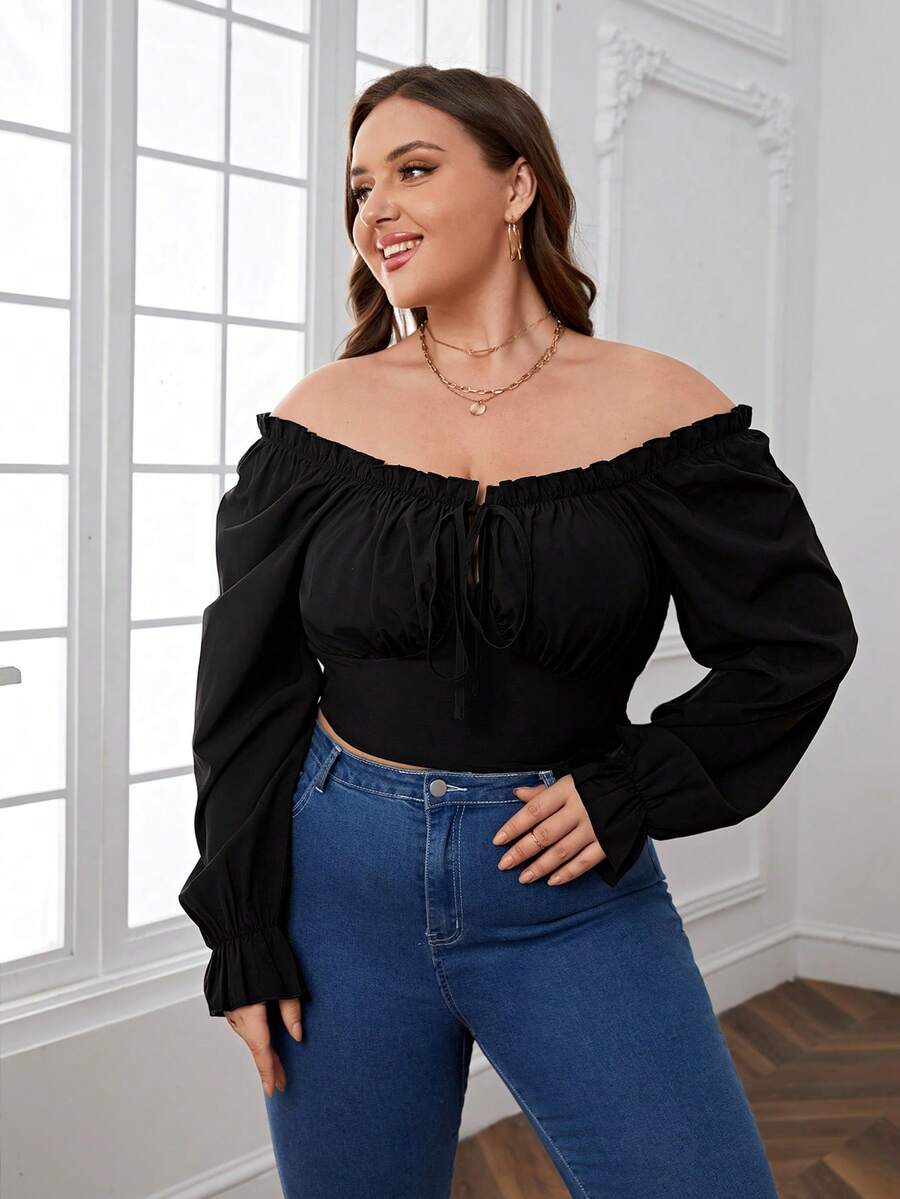 SHEIN Privé Plus Off Shoulder Flare Sleeve Knot Front Crop Blouse - Black - View 1