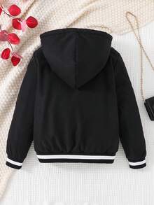 SHEIN Tween Girl Letter Tape Side Hooded Thermal Lined Jacket - Black - View 2