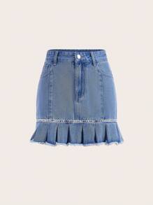 SHEIN MOD Letter Graphic Pleated Hem Denim Skirt