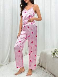 心形印花缎面睡衣套装 / 睡衣套装 - 粉色 - 查看 4