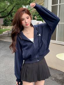 DAZY 星星图案落肩拉链连帽衫 Y2k，秋季服装运动衫夹克 - 藏蓝色 - 查看 5