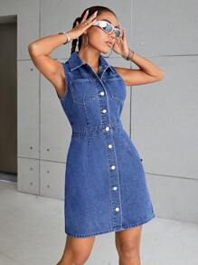 SHEIN Privé 女士牛仔連衣裙 - 淺色水洗藍 - 查看 4