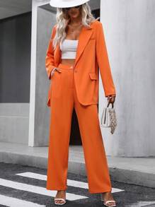 SHEIN Privé Lapel Neck Single Button Blazer & Pants - Orange - View 3