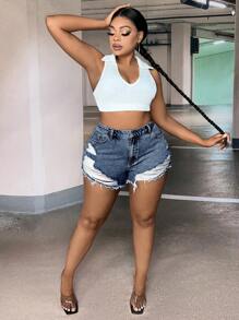 SHEIN SXY Plus Ripped Raw Hem Denim Shorts - Dark Wash - View 5